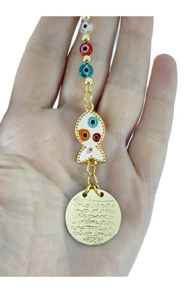 Renkli Metal Balık Ayetel Kürsi Araba Dikiz Ayna Süsü, Cam Turkuaz Nazar Boncuklu Hediyelik