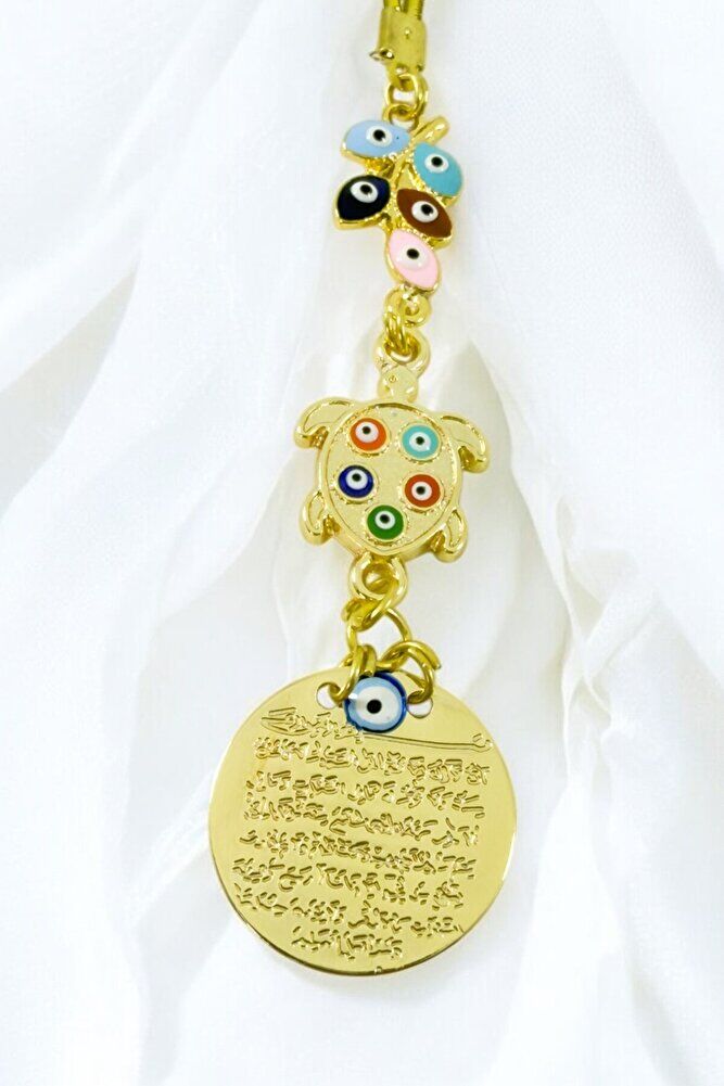 Renkli Salkım Nazar Boncuğu Kaplumbağa Metal Ayetel Kürsi Araba Dikiz Ayna Süsü, Gold Renkli