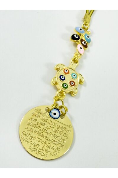 Renkli Salkım Nazar Boncuğu Kaplumbağa Metal Ayetel Kürsi Araba Dikiz Ayna Süsü, Gold Renkli