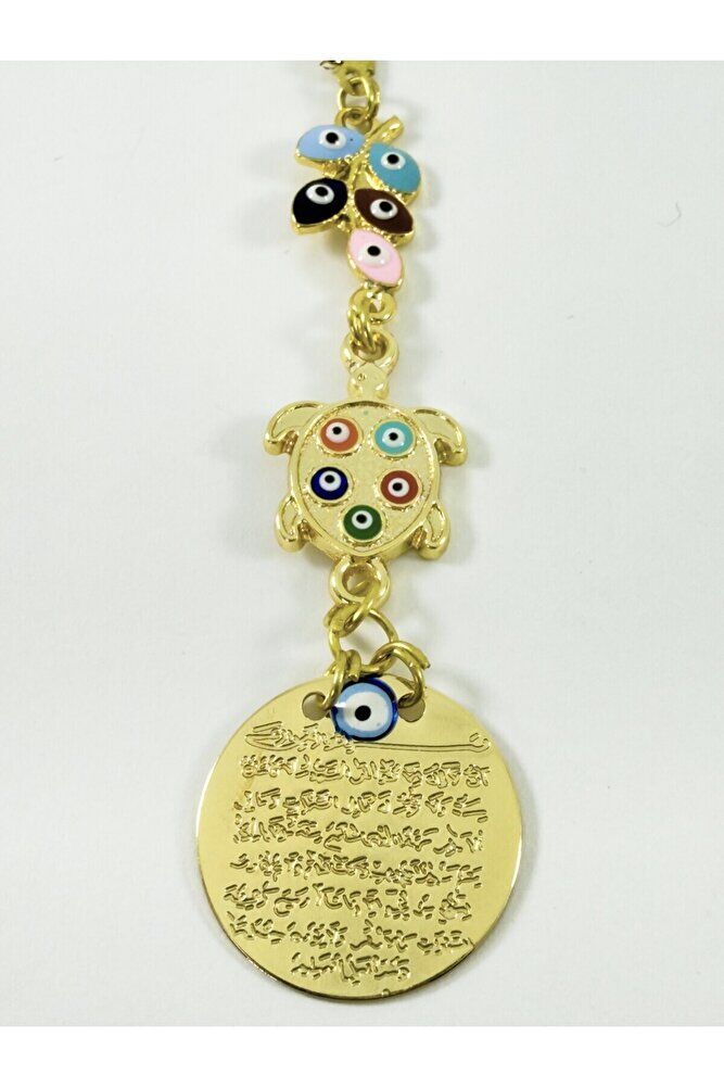 Renkli Salkım Nazar Boncuğu Kaplumbağa Metal Ayetel Kürsi Araba Dikiz Ayna Süsü, Gold Renkli