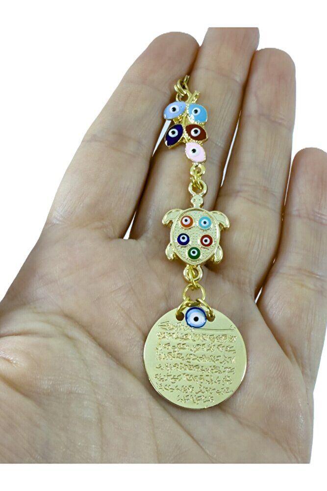 Renkli Salkım Nazar Boncuğu Kaplumbağa Metal Ayetel Kürsi Araba Dikiz Ayna Süsü, Gold Renkli