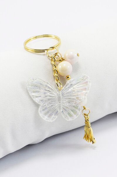 Şeffaf Kelebekli Parlak İncili Metal Püsküllü Küçük Anahtarlık, Hediyelik Şık Çanta Süsü
