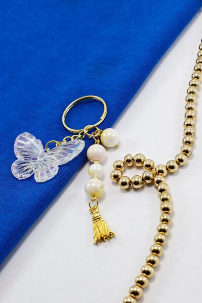 Şeffaf Kelebekli Parlak İncili Metal Püsküllü Küçük Anahtarlık, Hediyelik Şık Çanta Süsü