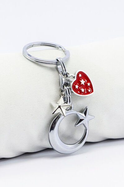 Kırmızı Metal Yıldızlı Kalpli Krom Ay Yıldız Metal Anahtarlık, Hediyelik Çanta Süsü