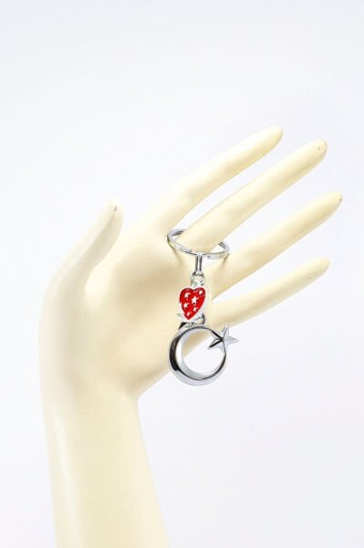 Kırmızı Metal Yıldızlı Kalpli Krom Ay Yıldız Metal Anahtarlık, Hediyelik Çanta Süsü