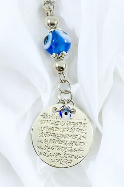 Turkuaz El Yapımı Cam Nazar Boncuğu Metal Ayetel Kürsi Araba Dikiz Ayna Süsü, Gümüş Renkli