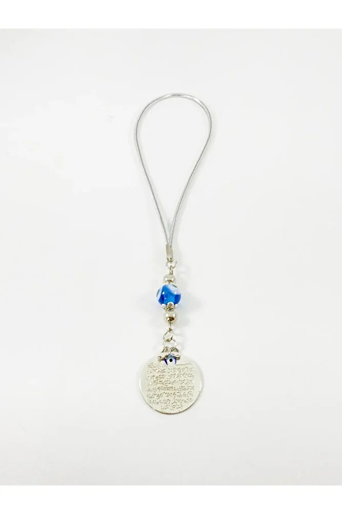 Turkuaz El Yapımı Cam Nazar Boncuğu Metal Ayetel Kürsi Araba Dikiz Ayna Süsü, Gümüş Renkli