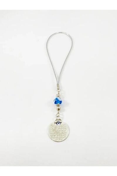 Turkuaz El Yapımı Cam Nazar Boncuğu Metal Ayetel Kürsi Araba Dikiz Ayna Süsü, Gümüş Renkli