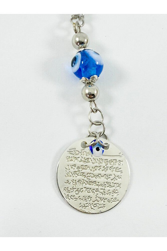 Turkuaz El Yapımı Cam Nazar Boncuğu Metal Ayetel Kürsi Araba Dikiz Ayna Süsü, Gümüş Renkli