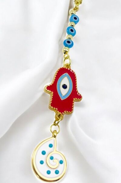 Kırmızı Hamse Fatma Ana Eli Metal Araba Dikiz Ayna Süsü, Cam Nazar Boncuğu Salyangoz