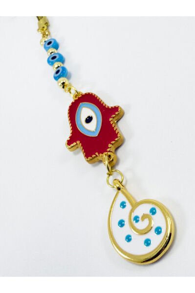 Kırmızı Hamse Fatma Ana Eli Metal Araba Dikiz Ayna Süsü, Cam Nazar Boncuğu Salyangoz