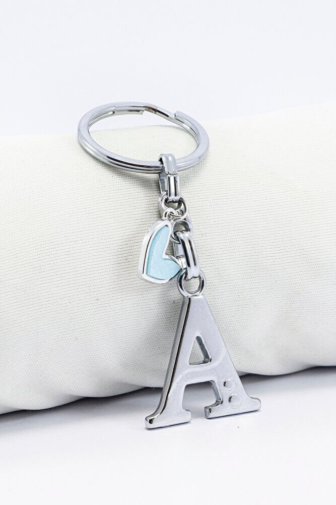 Gümüş Renkli Metal A Harfi Anahtarlık, Pastel Açık Mavi Metal Kalp