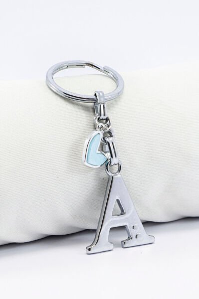 Gümüş Renkli Metal A Harfi Anahtarlık, Pastel Açık Mavi Metal Kalp