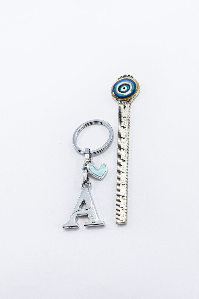 Gümüş Renkli Metal A Harfi Anahtarlık, Pastel Açık Mavi Metal Kalp