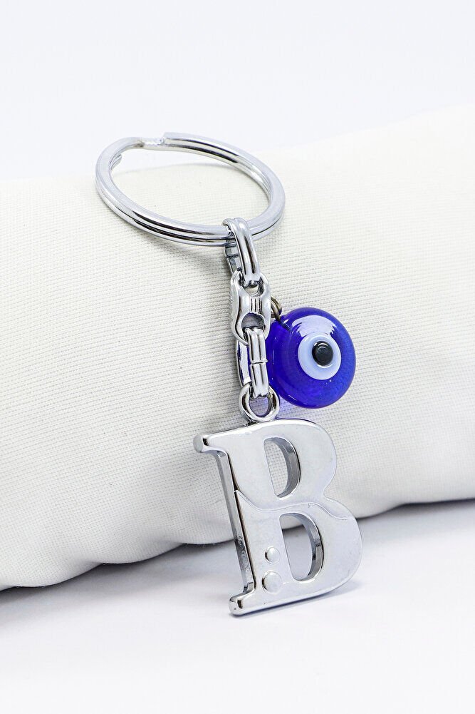 El Yapımı Cam Nazar Boncuklu Gümüş Renkli Metal B Harfi Anahtarlık, Küçük Çanta Süsü