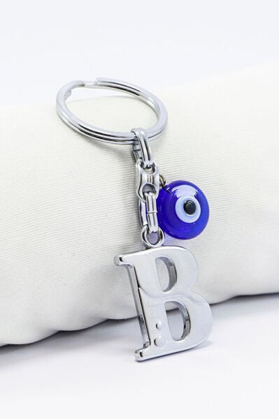 El Yapımı Cam Nazar Boncuklu Gümüş Renkli Metal B Harfi Anahtarlık, Küçük Çanta Süsü