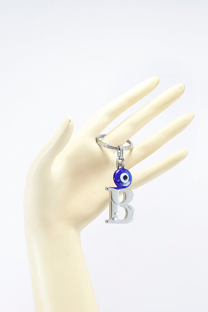 El Yapımı Cam Nazar Boncuklu Gümüş Renkli Metal B Harfi Anahtarlık, Küçük Çanta Süsü