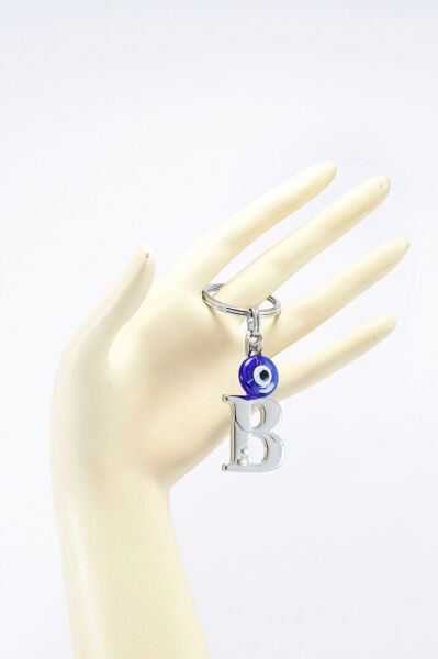 El Yapımı Cam Nazar Boncuklu Gümüş Renkli Metal B Harfi Anahtarlık, Küçük Çanta Süsü