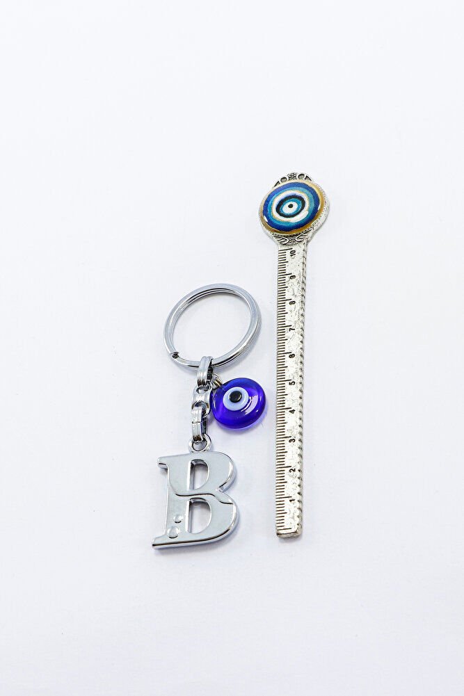 El Yapımı Cam Nazar Boncuklu Gümüş Renkli Metal B Harfi Anahtarlık, Küçük Çanta Süsü