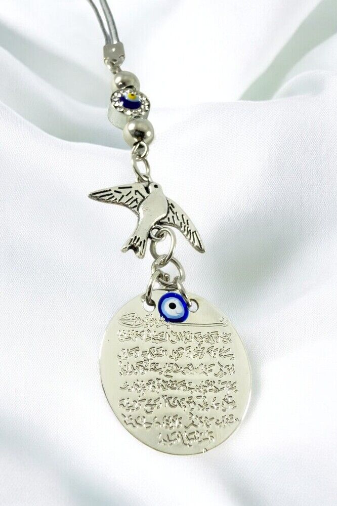 Gümüş Renkli Metal Ayetel Kürsi Araba Dikiz Ayna Süsü, Parlak Taşlı Nazar Boncuğu Metal Kuş