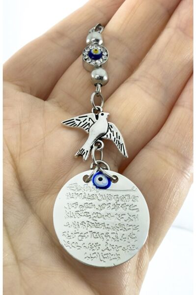 Silver Color Metal Ayetel Kursi Car Rear View Mirror Ornament, Shiny Stone Evil Eye Bead Metal Bird