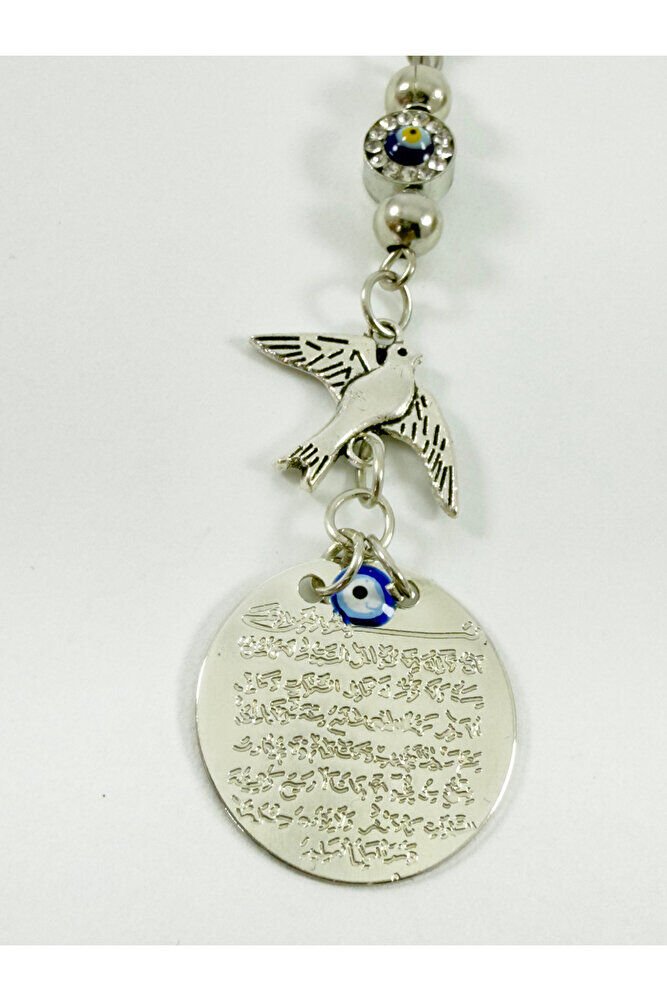 Gümüş Renkli Metal Ayetel Kürsi Araba Dikiz Ayna Süsü, Parlak Taşlı Nazar Boncuğu Metal Kuş