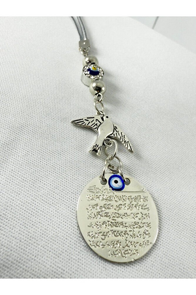 Gümüş Renkli Metal Ayetel Kürsi Araba Dikiz Ayna Süsü, Parlak Taşlı Nazar Boncuğu Metal Kuş