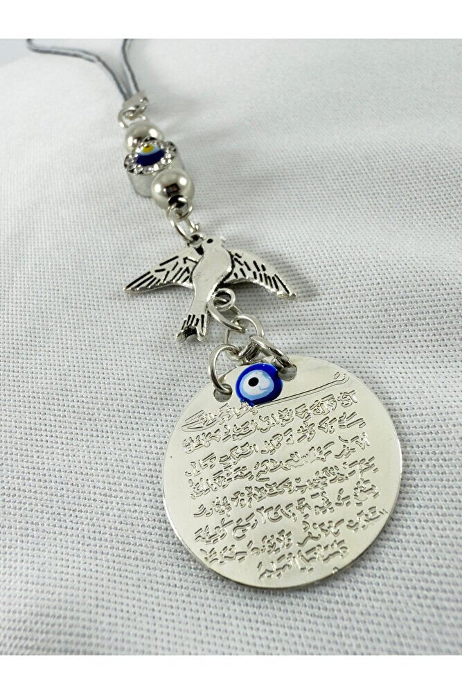 Gümüş Renkli Metal Ayetel Kürsi Araba Dikiz Ayna Süsü, Parlak Taşlı Nazar Boncuğu Metal Kuş