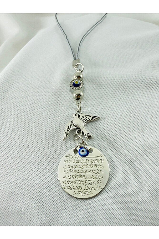 Gümüş Renkli Metal Ayetel Kürsi Araba Dikiz Ayna Süsü, Parlak Taşlı Nazar Boncuğu Metal Kuş