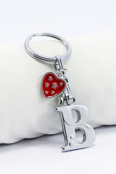 Gümüş Renkli Metal B Harfi Anahtarlık, Yıldızlı Metal Kırmızı Kalp