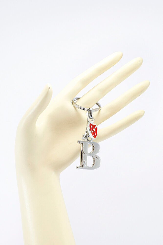Gümüş Renkli Metal B Harfi Anahtarlık, Yıldızlı Metal Kırmızı Kalp