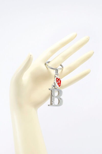 Gümüş Renkli Metal B Harfi Anahtarlık, Yıldızlı Metal Kırmızı Kalp