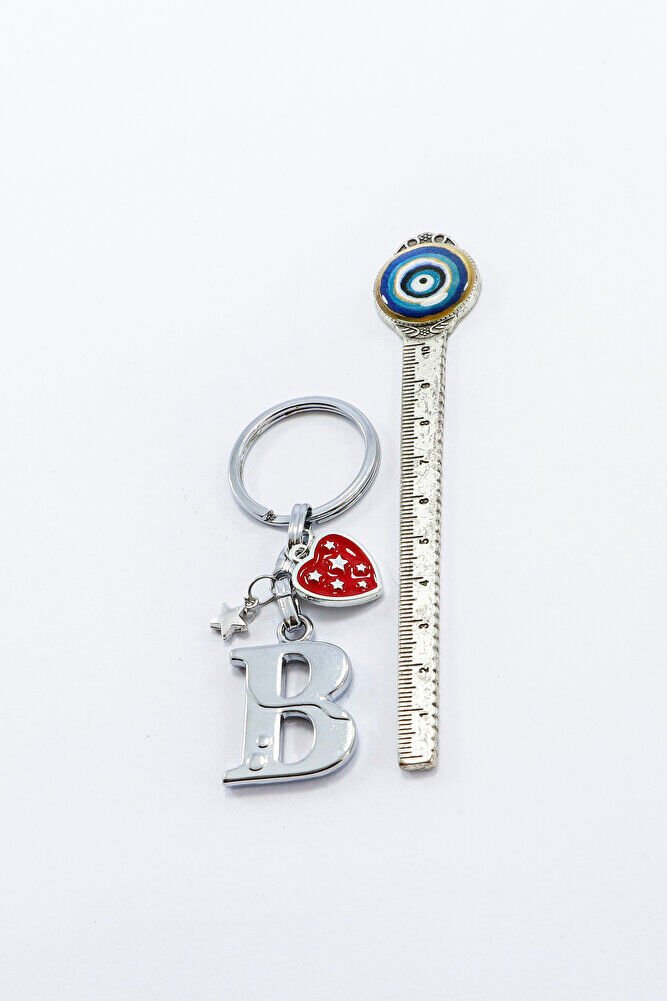 Gümüş Renkli Metal B Harfi Anahtarlık, Yıldızlı Metal Kırmızı Kalp