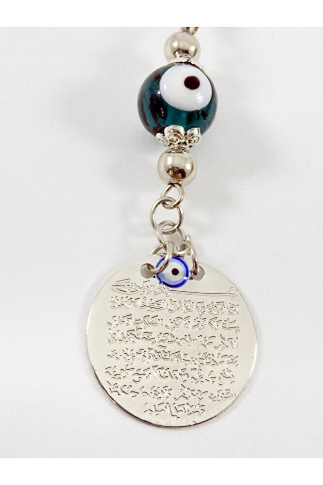 Zümrüt Yeşili Cam Nazar Boncuğu Metal Ayetel Kürsi Araba Dikiz Ayna Süsü, Gold Renkli