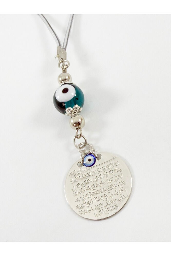 Zümrüt Yeşili Cam Nazar Boncuğu Metal Ayetel Kürsi Araba Dikiz Ayna Süsü, Gold Renkli