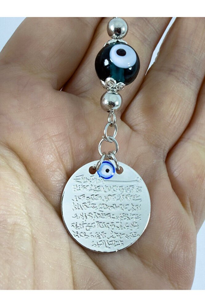 Zümrüt Yeşili Cam Nazar Boncuğu Metal Ayetel Kürsi Araba Dikiz Ayna Süsü, Gold Renkli