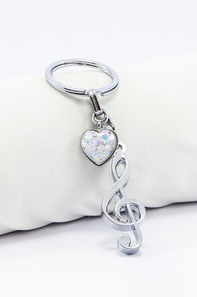 Gümüş Renkli Metal Sol Anahtarı Figürlü Anahtarlık, Parlak Yıldızlı Metal Kalp