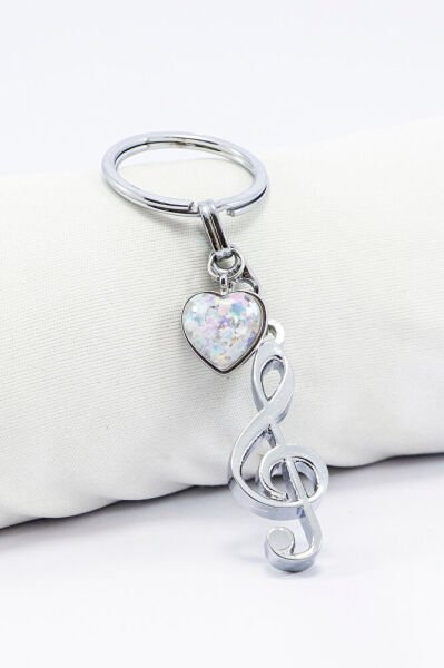 Gümüş Renkli Metal Sol Anahtarı Figürlü Anahtarlık, Parlak Yıldızlı Metal Kalp