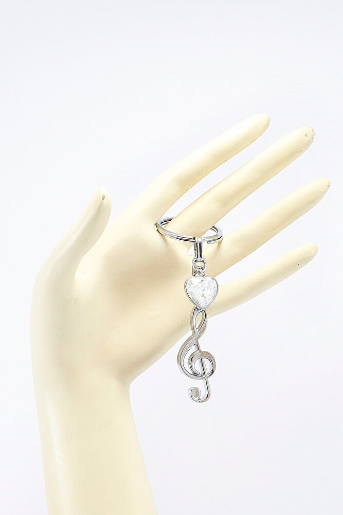 Gümüş Renkli Metal Sol Anahtarı Figürlü Anahtarlık, Parlak Yıldızlı Metal Kalp