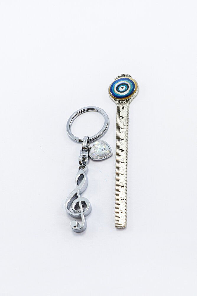 Gümüş Renkli Metal Sol Anahtarı Figürlü Anahtarlık, Parlak Yıldızlı Metal Kalp