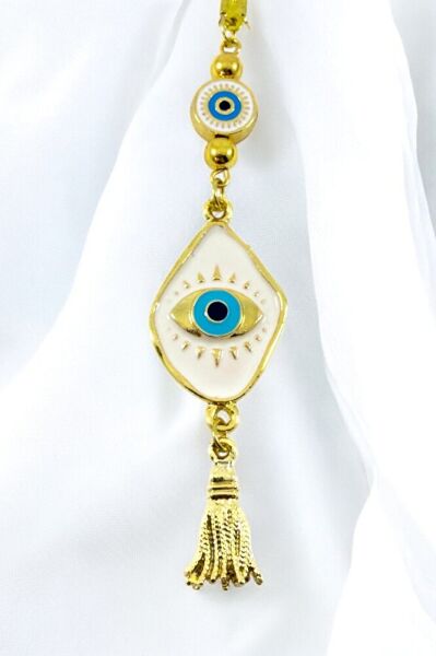 Yeni Araba Hediyesi, beyaz Nazar Boncuğu Metal Püsküllü Dikiz Ayna Süsü