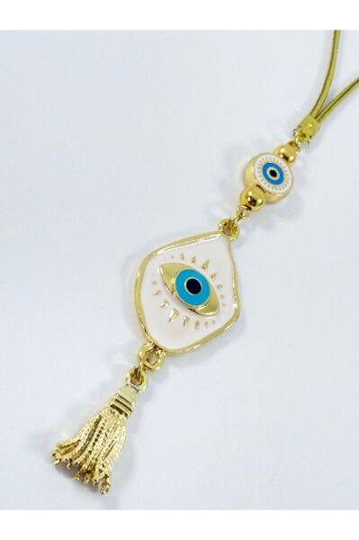 Yeni Araba Hediyesi, beyaz Nazar Boncuğu Metal Püsküllü Dikiz Ayna Süsü