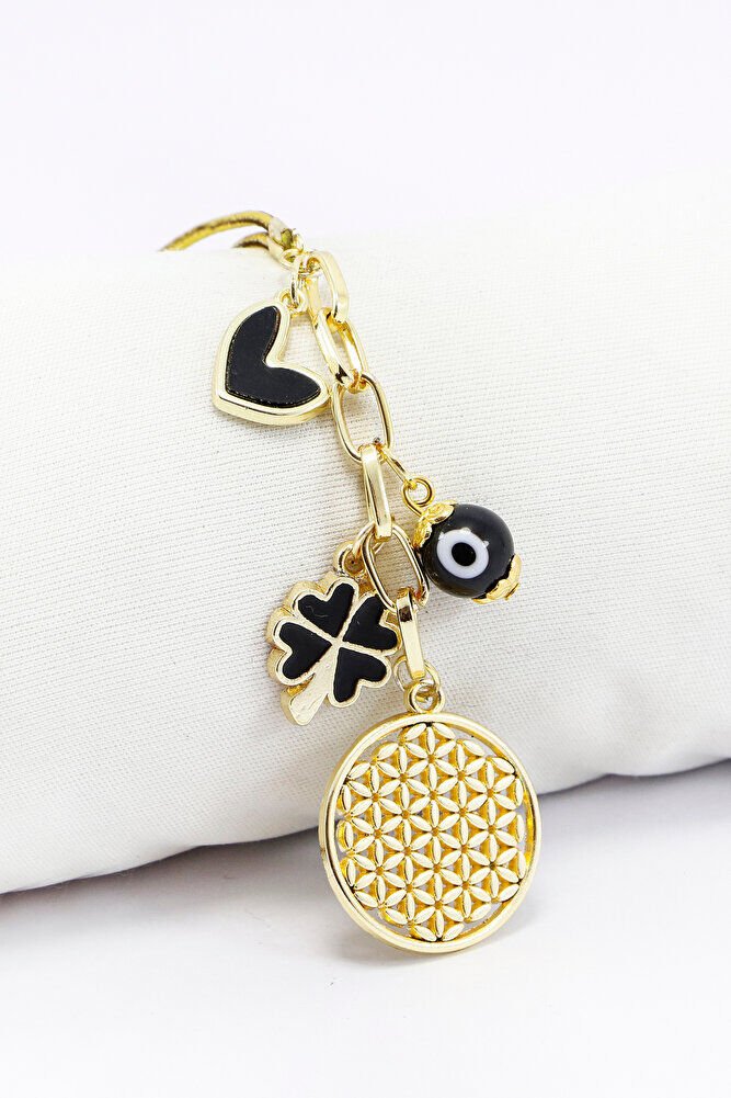 Metal Yonca, Yaşam Çiçeği, Kalp Cam Nazar Boncuğu Araba Dikiz Ayna Süsü Gold Renkli