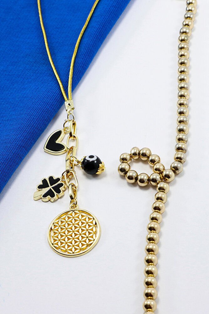 Metal Yonca, Yaşam Çiçeği, Kalp Cam Nazar Boncuğu Araba Dikiz Ayna Süsü Gold Renkli