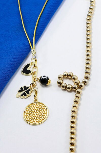 Metal Yonca, Yaşam Çiçeği, Kalp Cam Nazar Boncuğu Araba Dikiz Ayna Süsü Gold Renkli