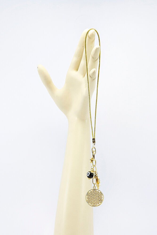 Metal Yonca, Yaşam Çiçeği, Kalp Cam Nazar Boncuğu Araba Dikiz Ayna Süsü Gold Renkli