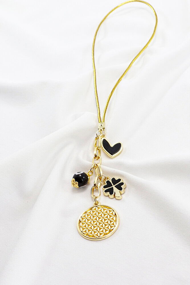 Metal Yonca, Yaşam Çiçeği, Kalp Cam Nazar Boncuğu Araba Dikiz Ayna Süsü Gold Renkli