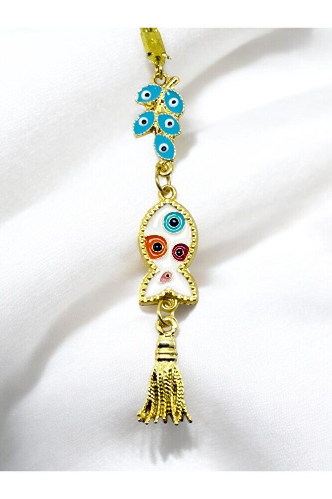 Yeni Araba Hediyesi, Mavi Salkım Metal Balık Renkli Nazar Boncuklu Metal Püsküllü Dikiz Ayna Süsü