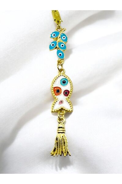 Yeni Araba Hediyesi, Mavi Salkım Metal Balık Renkli Nazar Boncuklu Metal Püsküllü Dikiz Ayna Süsü