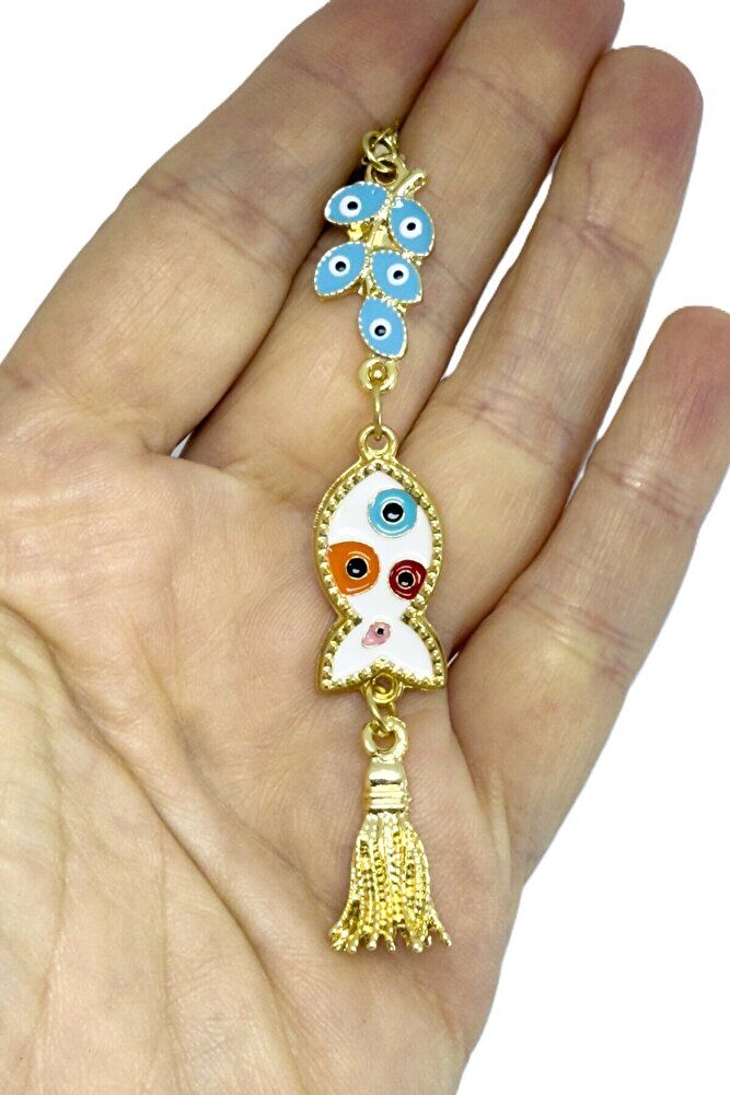 Yeni Araba Hediyesi, Mavi Salkım Metal Balık Renkli Nazar Boncuklu Metal Püsküllü Dikiz Ayna Süsü